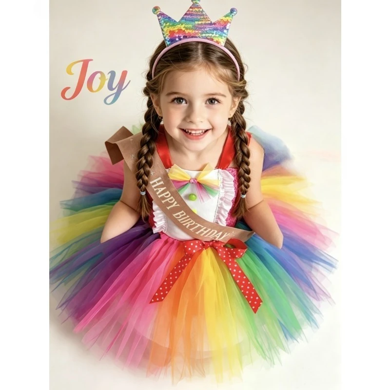 Regenbogen-Tutu-Kleid mit Süßigkeiten-Motiv, Kronen-Stirnband, 3-teiliges Set für kleine Mädchen von 2–8 Jahren, Geburtstag, Karneval, Party, Prinzessinnen-Kostüm-Outfit