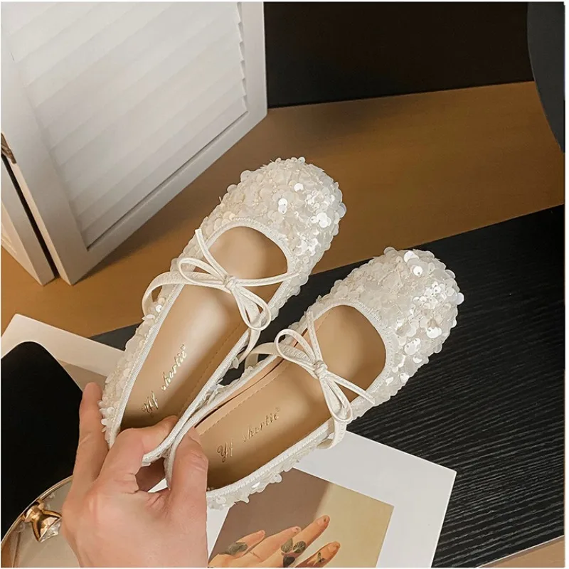 Picture 6: Women Bling Sequins Design Ballet Flat Shoes Women Sweet Bow Mary Jane Shoe Comfort Shallow Soft Sole Casual Shoes Zapatos Mujer