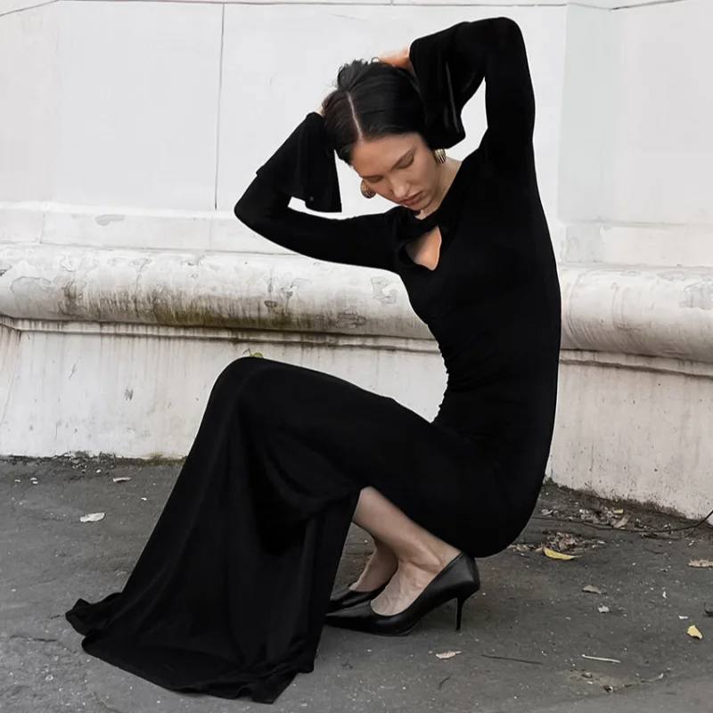 

Hepburn Style Hollow Out Fashionable Elegant Slim Fit Bodycon Slit Dress Women's Ruffle Sleeve Niche Design Dress