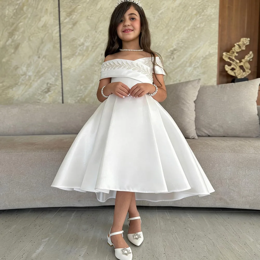 

Ivory Flower Girl Dresses Organza Dress For Girls Long Birthday Dress A-line Puffy Girl Princess Dress Beads Cute Kids' Dresses