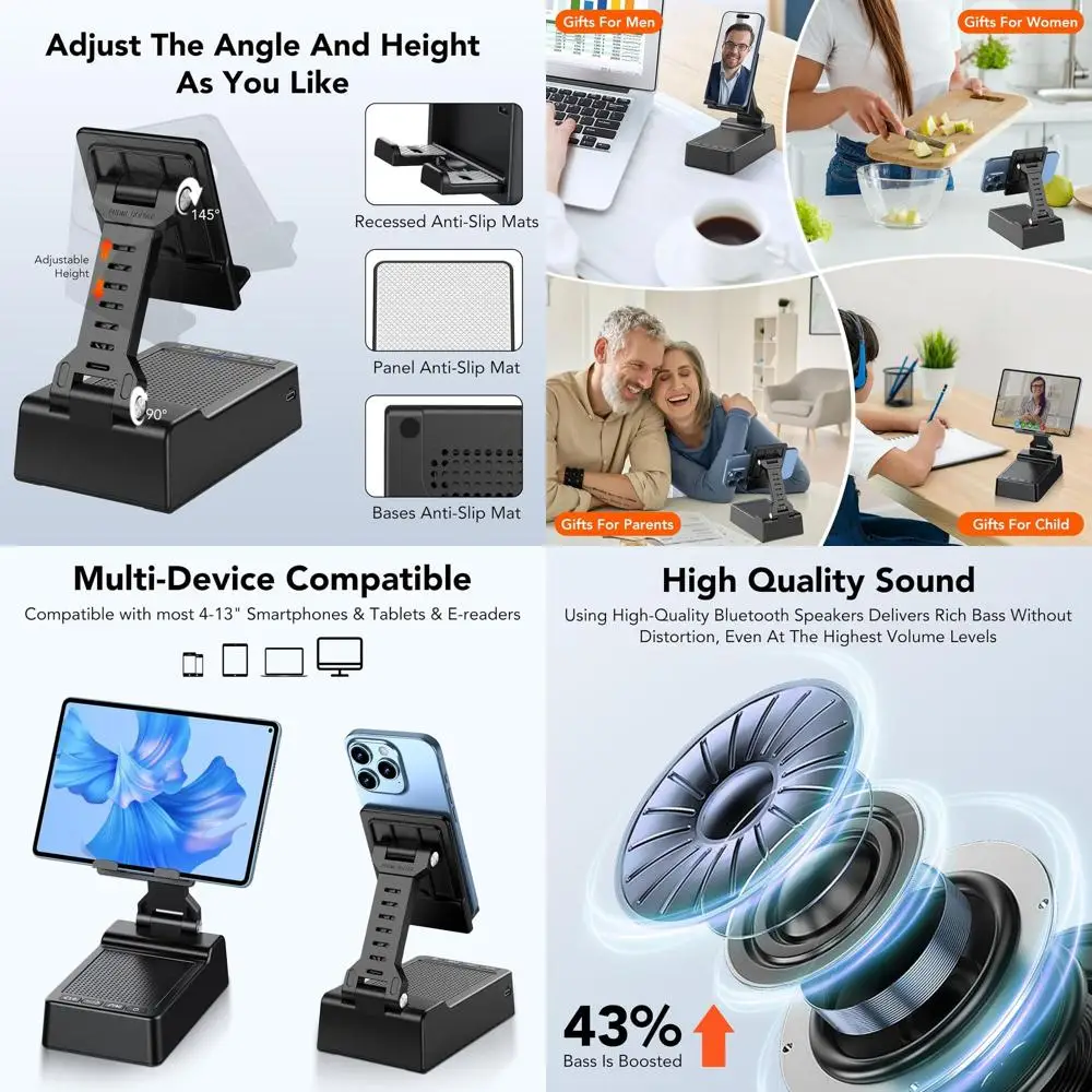 حامل هاتف مكبر صوت بلوتوث لاسلكي مع قاعدة مضادة للانزلاق، ستيريو عالي الدقة، متوافق مع أجهزة مختلفة، هدية تقنية مثالية للجميع #1