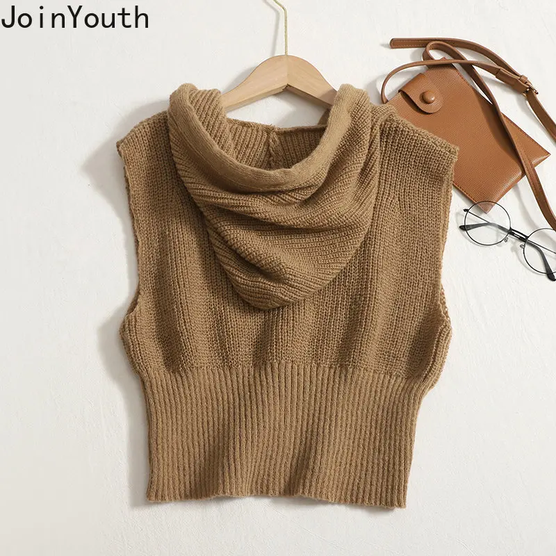 Fashion Crop Tops Knit Sweater Vest Women Zipper Hooded Sleeveless Cardigan Waistcoat Y2k Clothes Korean Casual Tanks Jackets