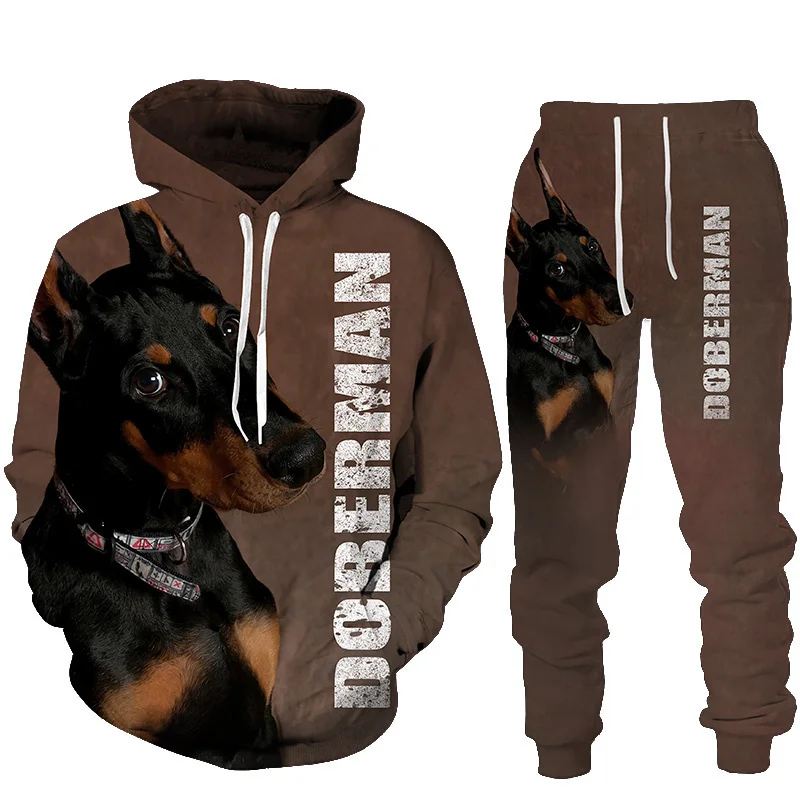 Spring and Autumn 3D Doberman Printed Hoodies Sweatpants Men\'s Hooded Sweatshirt Sets Men\'s Sportswear Tracksuit Men\'s Clothing