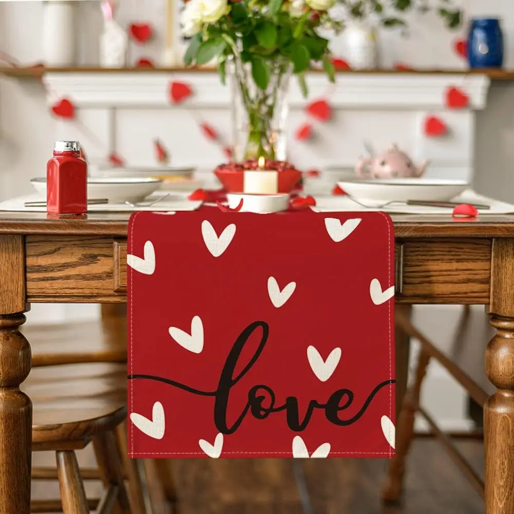 Valentine's Day Red Love Heart Linen Table Runner Party Decor Reusable Farmhouse Kitchen Dining Table Runner Wedding Decorations