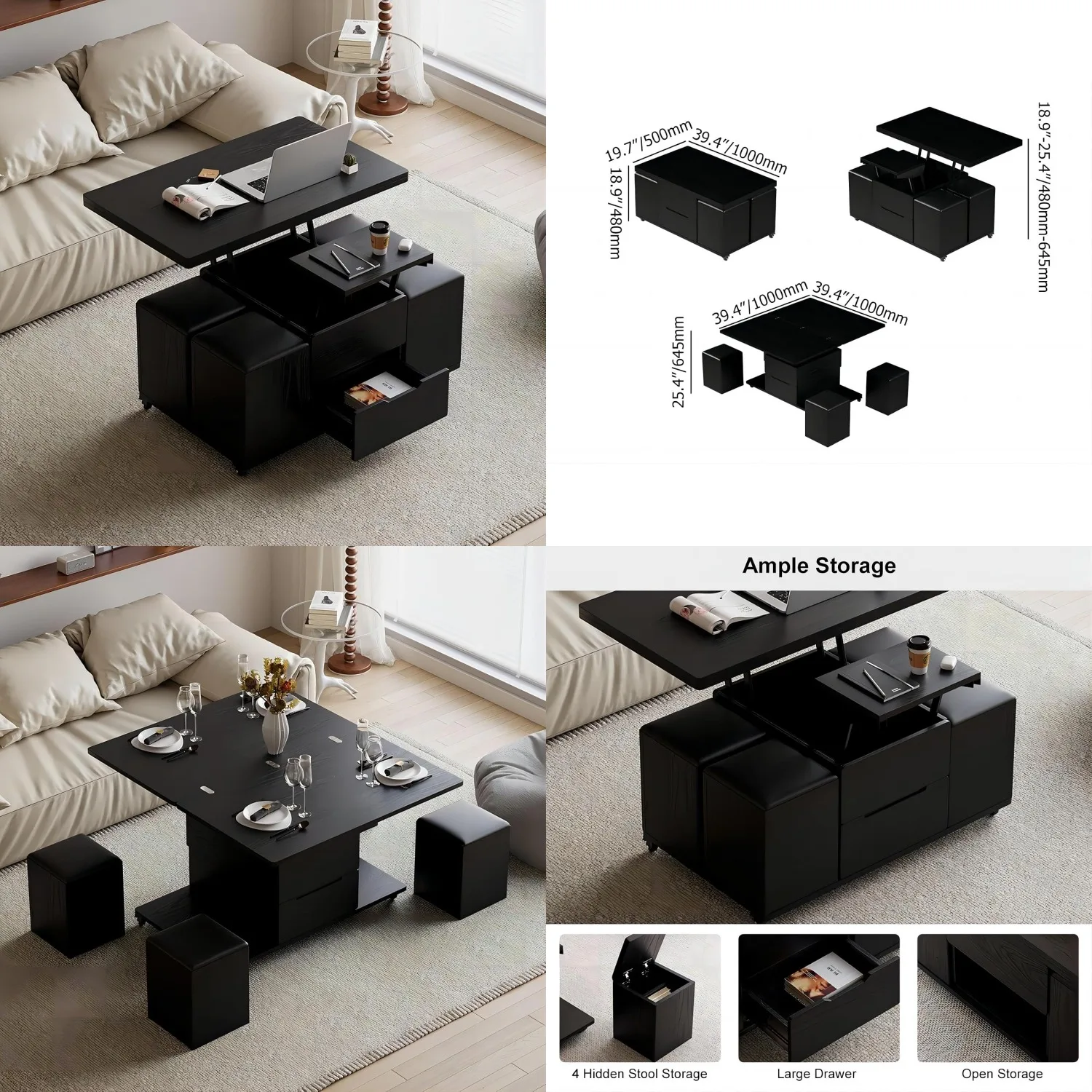 

Black Lift-Top Coffee Table Hidden Storage Multifunctional 3-in-1 with 4 Stools Lockable Wheels Living Room, Customized