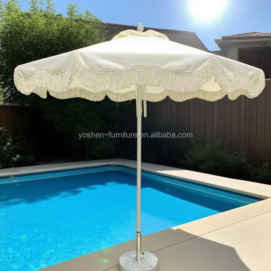 9 ft Wood Grain Aluminum Pole Beach Umbrella Hotel Outdoor Umbrella Boho Chic Parasol with White Cotton Fringe
