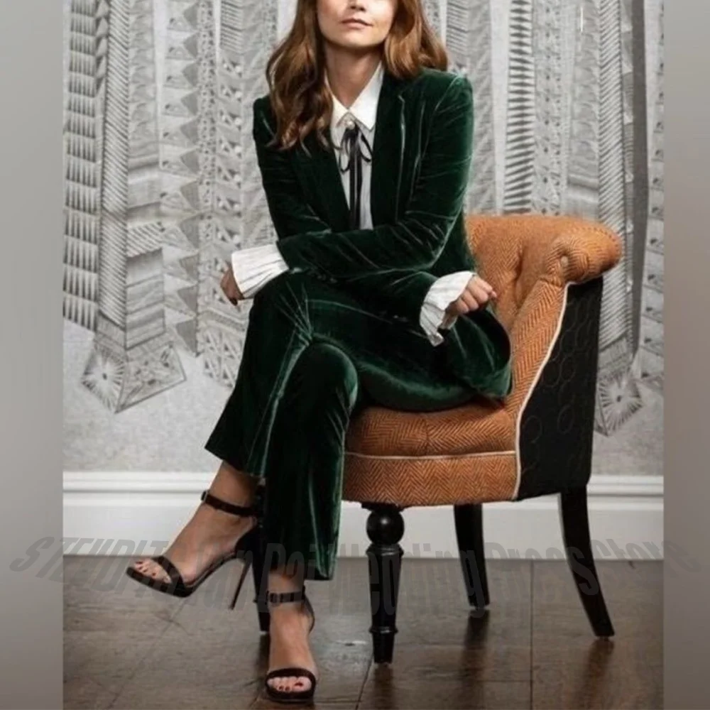 Dark Green Velvet Women's Suit High Quality Formal Outfit Slim Notch Lapel Smart Casual Office Lady Elegant Clothes Set 2 Pieces