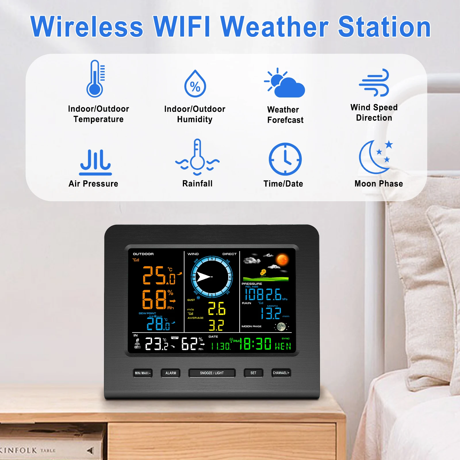 WiFi Weather Station Wireless Indoor Outdoor with Rain Gauge and Wind Speed Wind Direction Weather Forecast Temperature Humidity