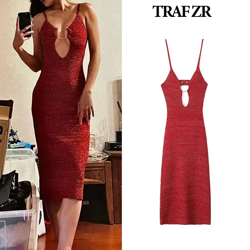 

TRAF ZR Vintage Dresses Vacation Women Outfits Midi Summer 2024 Y2k Slip Dress Women's Elegant Youthful Casual Dresses