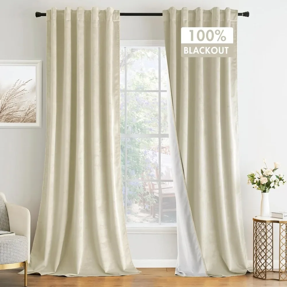 

100% Blackout Velvet Curtains 90 Inches Long 2 Pcs Ivory White Cream Black Out Light Blocking Window Drapes for Bedroom Living