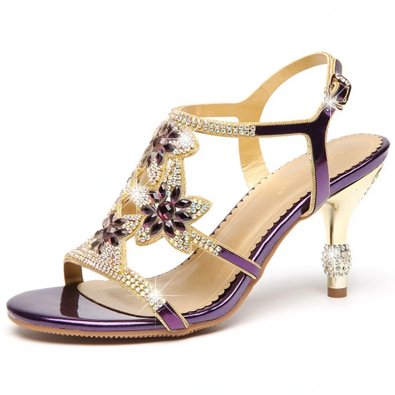 

Новые модные летние блестящие милые сандалии со стразами для женщин, туфли на высоком каблуке с открытым носком и кристаллами, женские туфли большого размера D0001