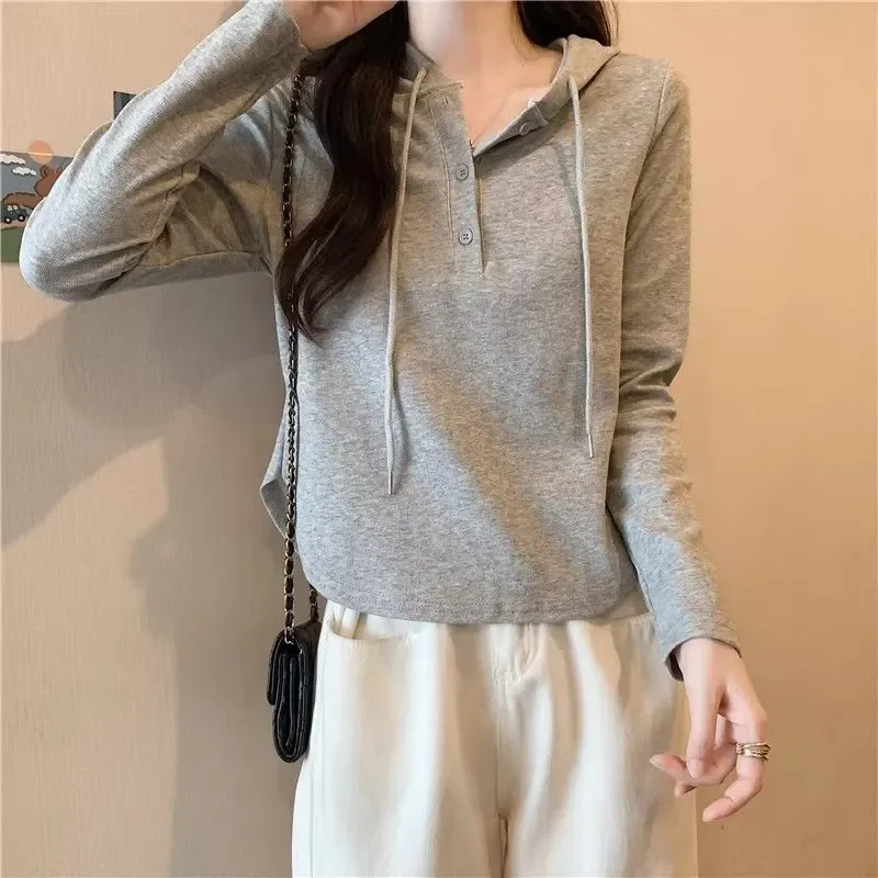 

Women's Gray Hooded Top Casual Long Sleeve Buttoned Drawstring Cropped Knit Hoodie