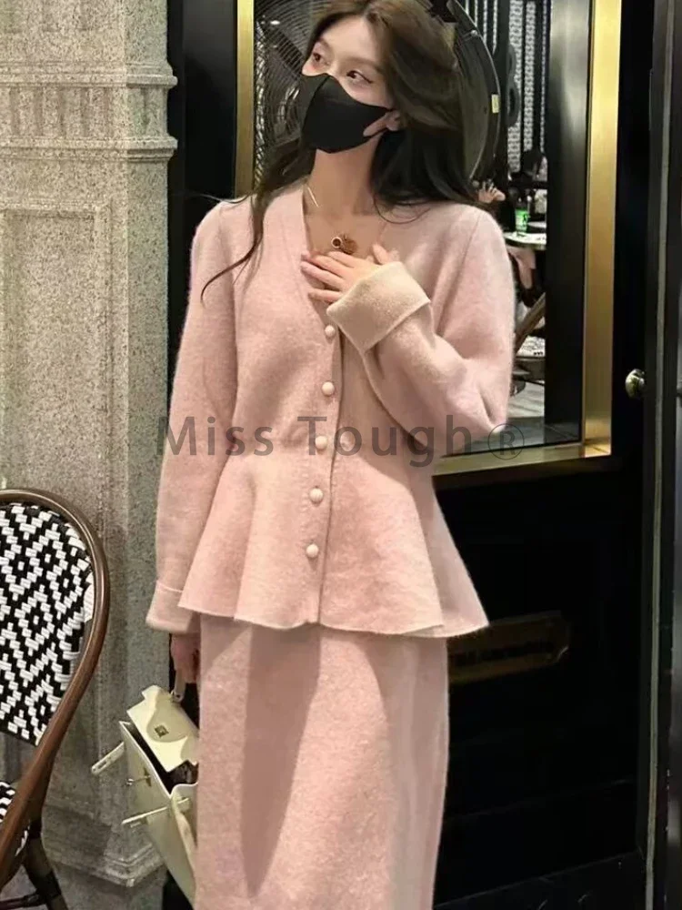 2023 Winter Pink Elegant Knitted Two Piece Set Women V Neck Vintage Sweater Midi Skirt Suit Female Korean Fashion Casual Clothes