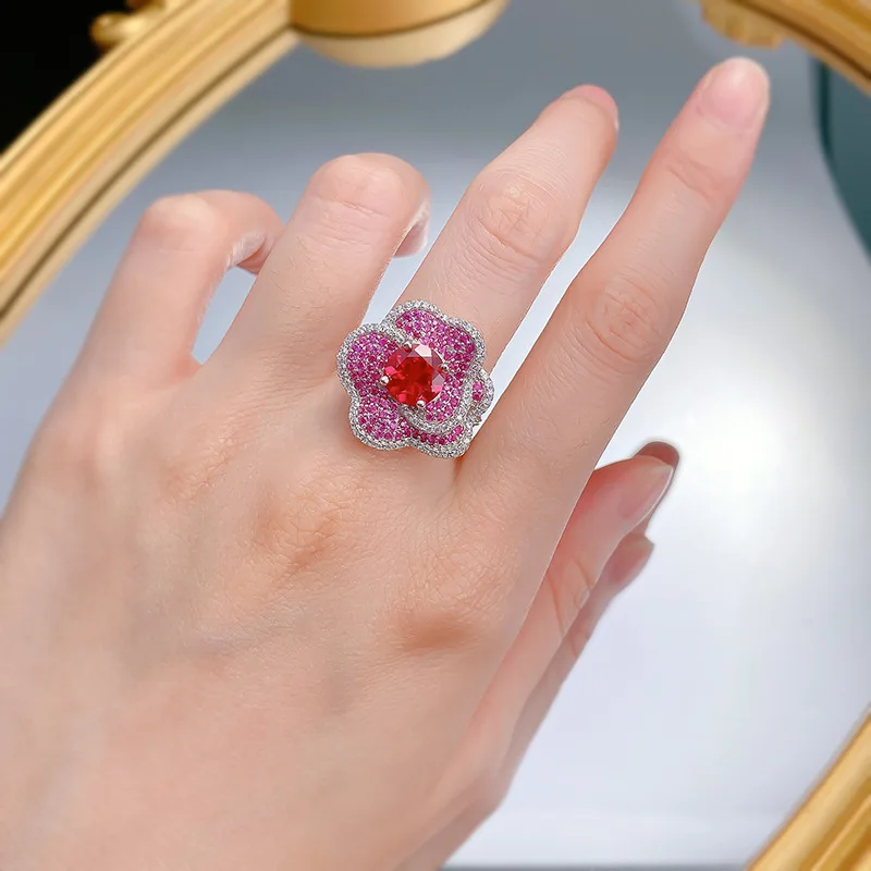 S925 Silver New Pigeon Blood Red Flower Ring Female Rose Petals Fashion Versatile Luxury Set
