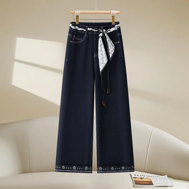 

Denim Blue Wide-Leg Jeans for Women, Autumn Fashion High-Waisted Slimming Rolled Hem Commuter Loose Straight Pants
