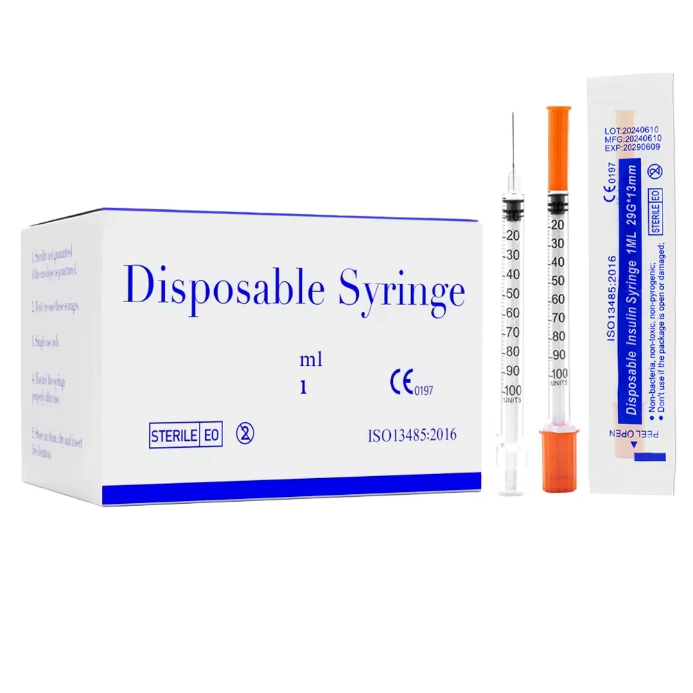 

100Pcs/Box 1ml 29G 13mm insulin Syringe With Needle individually Packed Sterile Orange Cap for Pets Animal Farm Use