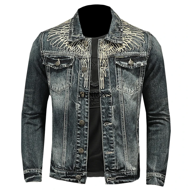 

2023 Men's Denim Jacket Flip Tie Embroidery Slim Fit Motorcycle Blue Trend Personalized Long Sleeve Jacket