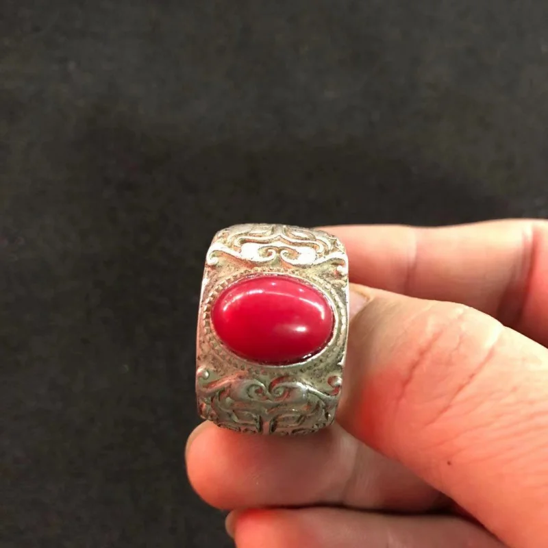 Antique Miscellaneous Items Retro Green Jade Ring Tibetan Silver Inlaid Gemstone Men's Green Jade Ring Fashion Ethnic Style