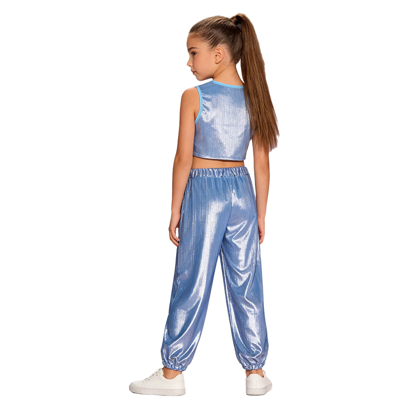 Kinder Mädchen Hip-Hop-Cheerleading-Auftritts-Kostüm Jazz-Tanz-Outfit Metallisch Geripptes Tanz-Outfit Ärmellose Weste mit Hose – Detail 8