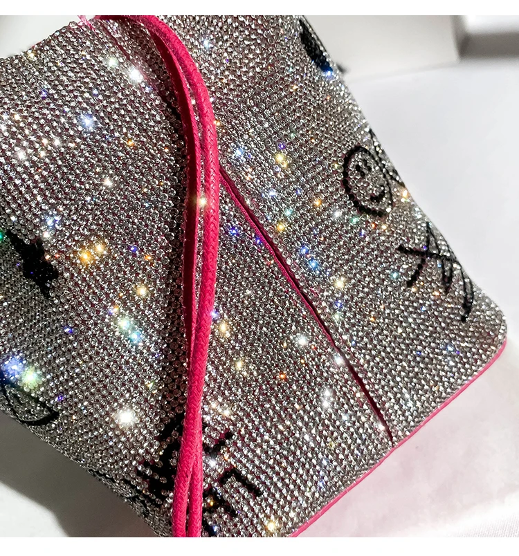 Hot Pink Cartoon Cute Bear Bucket Bag Women\'s Handbag Crystal Shiny Rhinestone Diamonds Evening Bag Wedding Party Clutch Purse