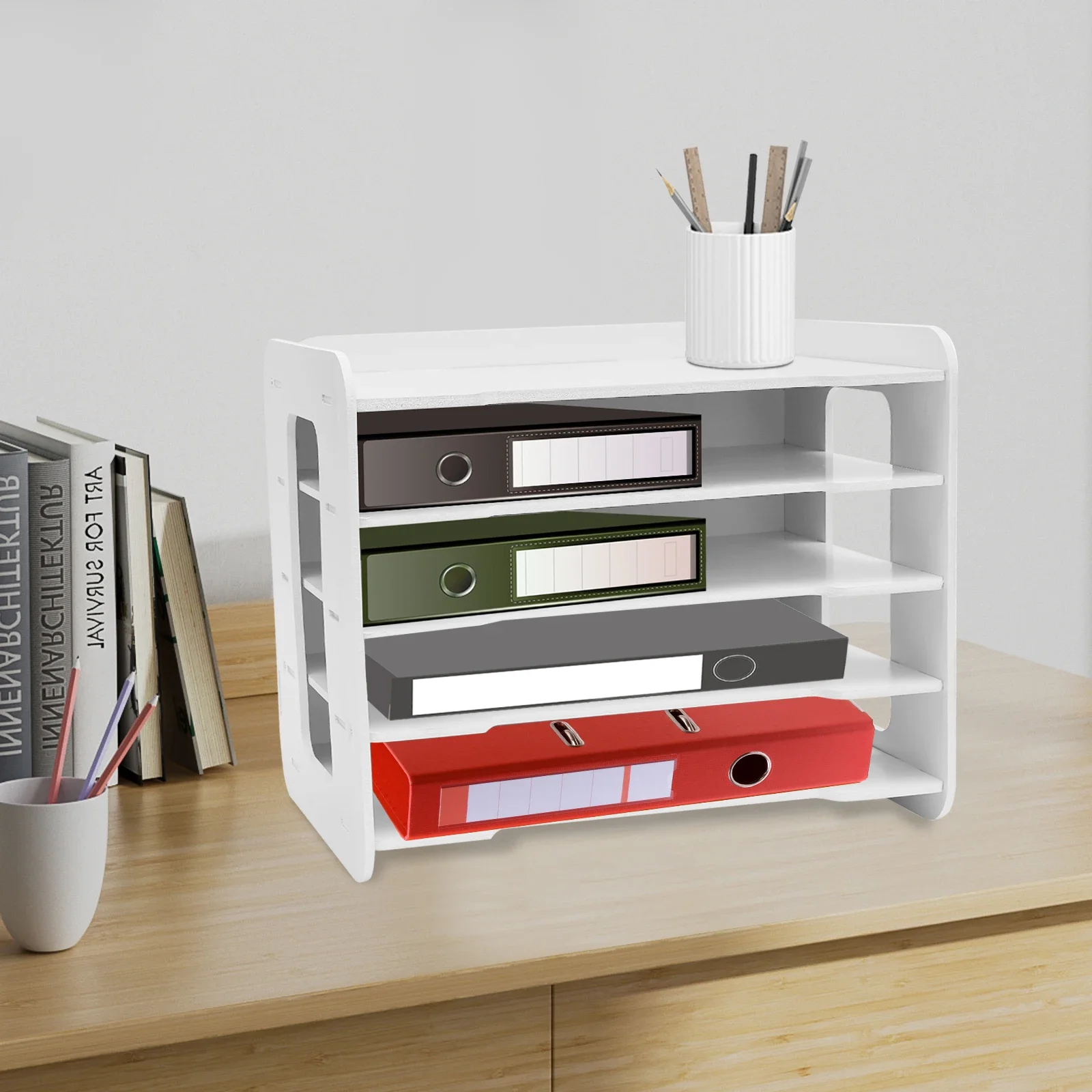 صينية تنظيم المستندات البيضاء مكونة من 5 طبقات - مركب من الخشب والبلاستيك PVC، 13.39 × 10.24 × 10.43 بوصة، هيكل لون نقر، موفر للمساحة