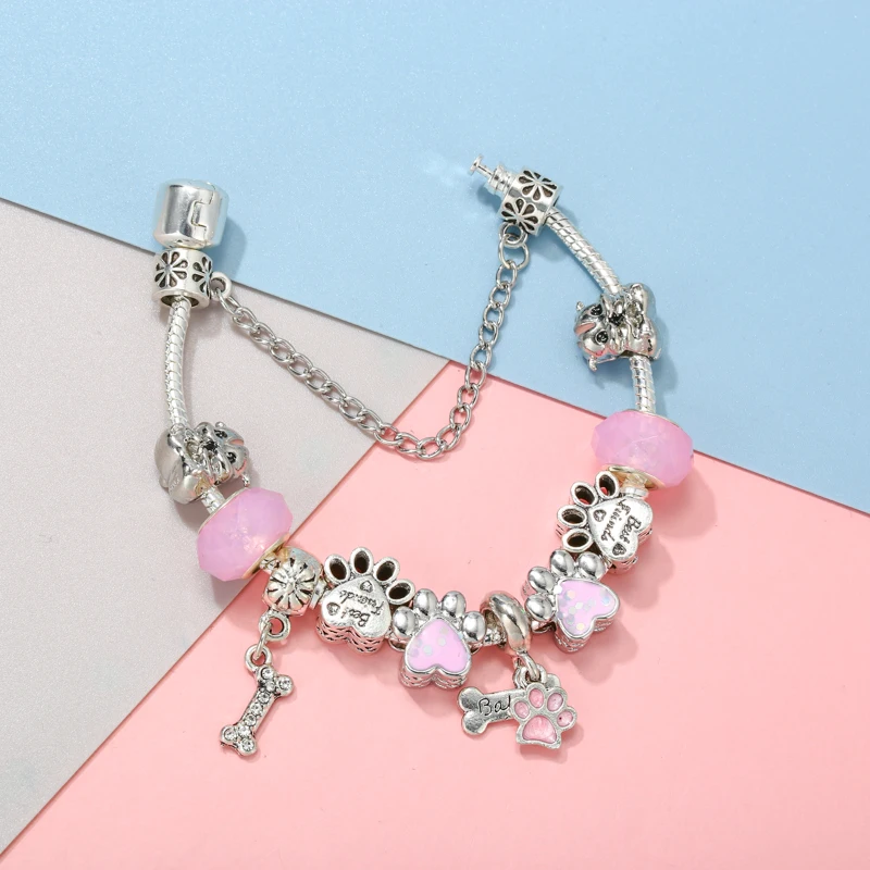 Pink Cartoon Snake Chain Charm Bracelet For Women With Dog Paw DIY Charms Beads Pendants High-Quality Jewelry Dropshipping