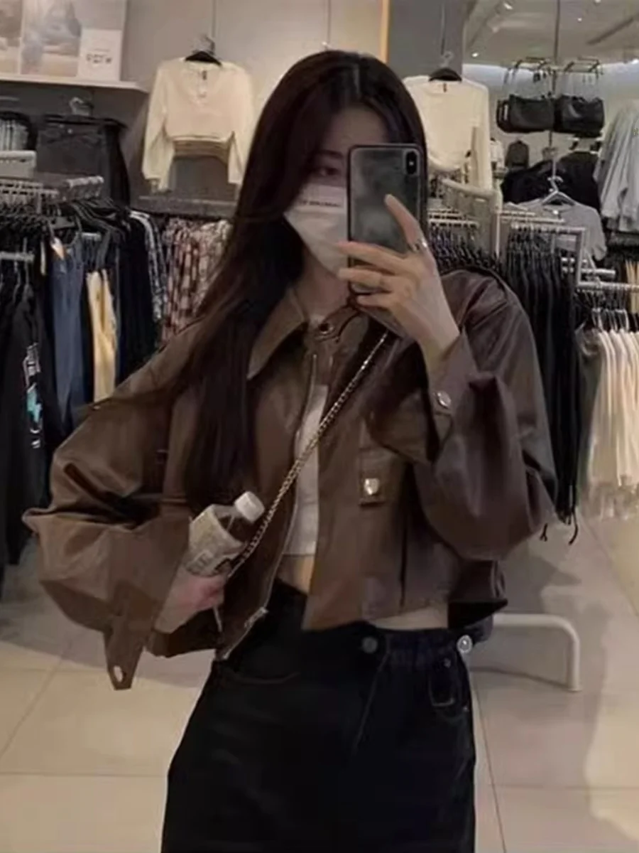 Retro bruin PU-leer Jaet dames lente herfst slim fit casual jas Sli kleine maat Fem bovenkleding