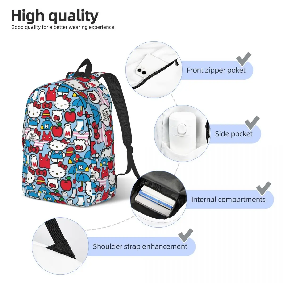 Cartoon Cute Hello Kitty Backpack for Men Women Fashion High School Hiking Travel Daypack HelloKitty College Shoulder Bag Gift