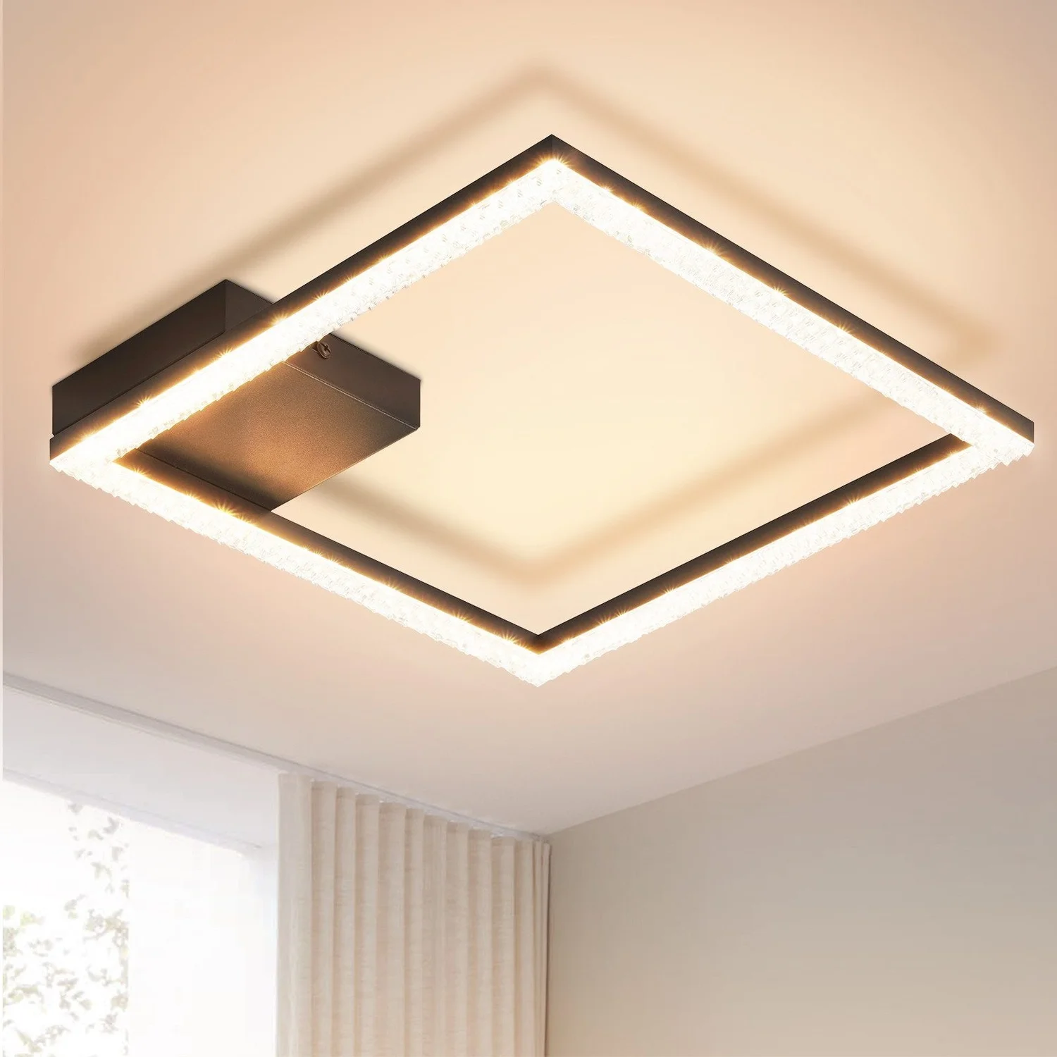 GBLY 1-Licht-Deckenleuchte aus schwarzem, quadratischem Kristall-PC mit LED, 3000 K, warmweiß, für Wohnzimmer, Schlafzimmer, Flur, Küche