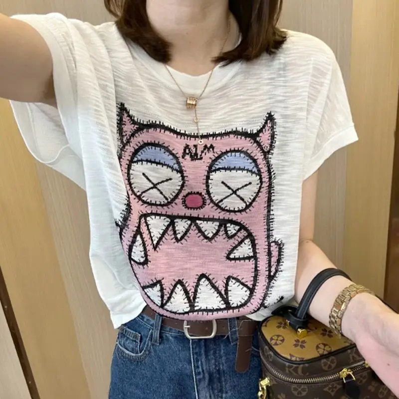 Fashion All-match Cartoon Pattern Spliced Solid Color T-shirt for Female Summer Korean Casual Short Sleeve Tops Women\'s Clothing