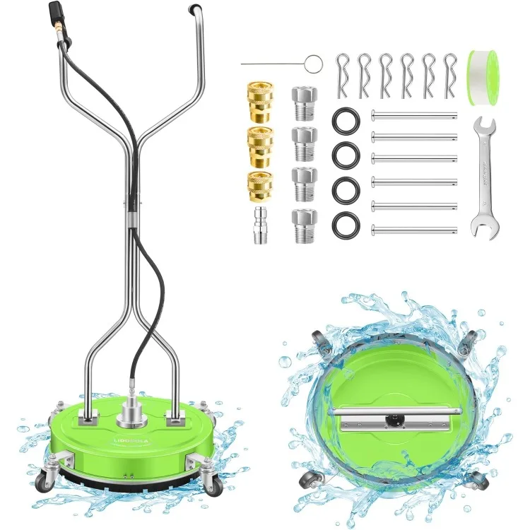 20" Pressure Washer Surface Cleaner with 4 Wheels - Coated Green Dual Handle Stainless Steel Surface Cleaner for Pressure