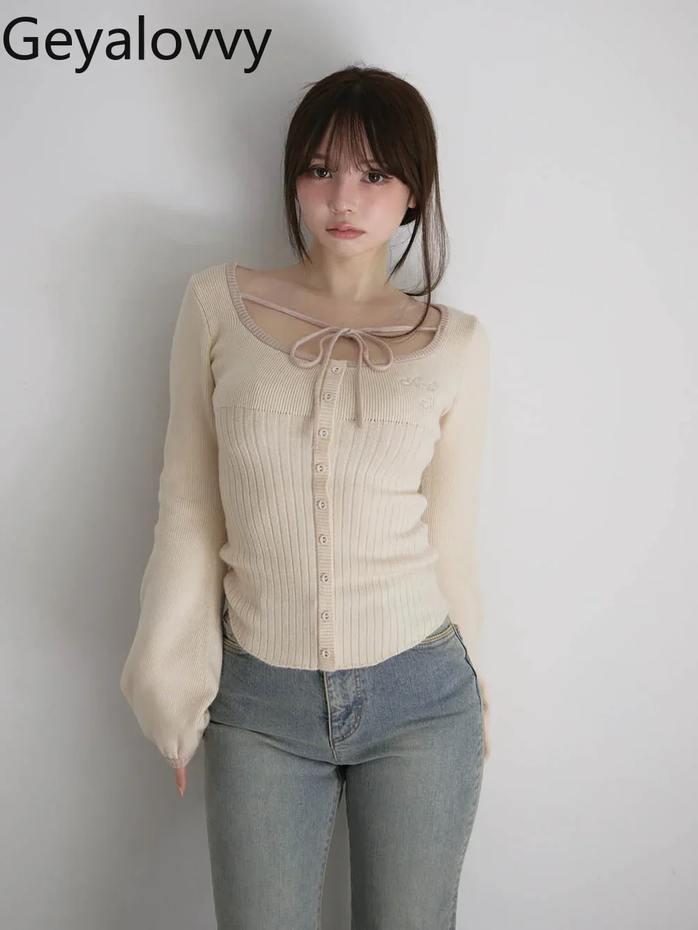 المرأة محبوك سترة الخريف الشتاء أكتوبر منتج جديد ساحة الرقبة سليم صالح كم طويل أعلى Bowknot البلوز البلوزات #2