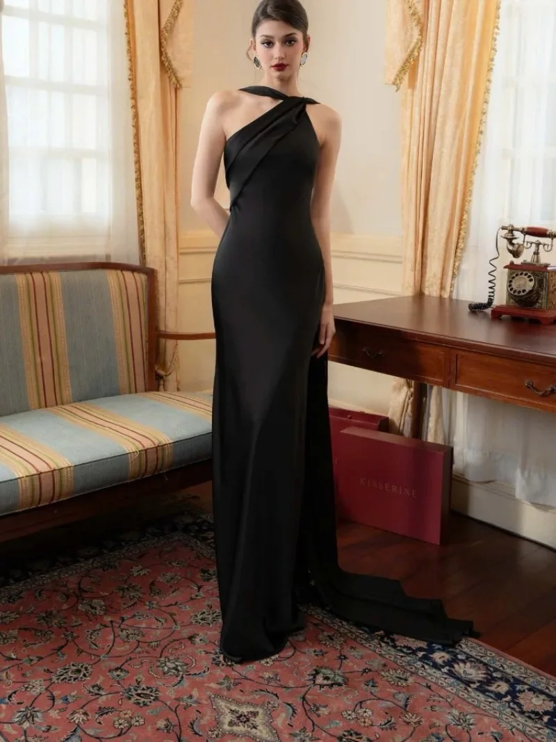 Vestidos elegantes para mujer, vestido Sexy de satén sin mangas con hombros inclinados y cola de pez, vestido de noche de fiesta ajustado a la moda