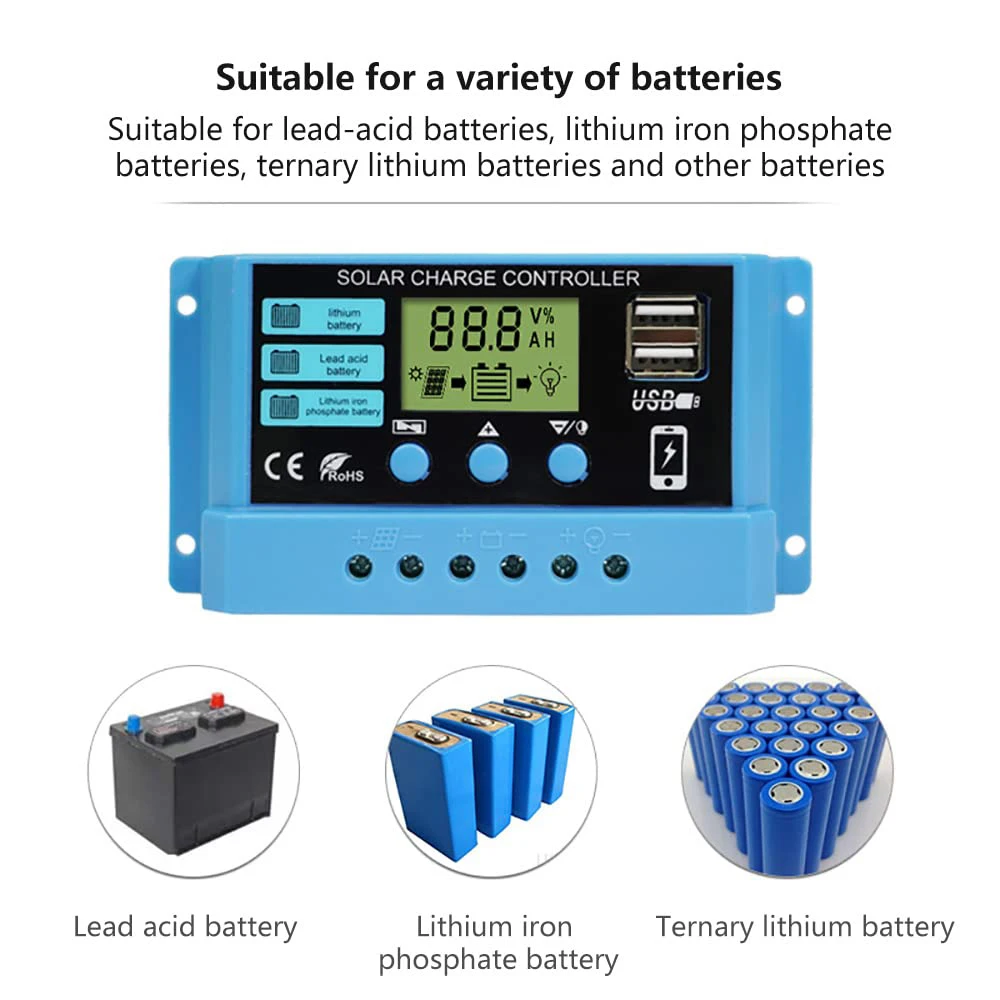 

30A 20A 10A Solar Charge Controller 12V 24V Auto Solar Panel PV LCD Controller For Lead-Acid Battery, Lithium Battery Dual USB