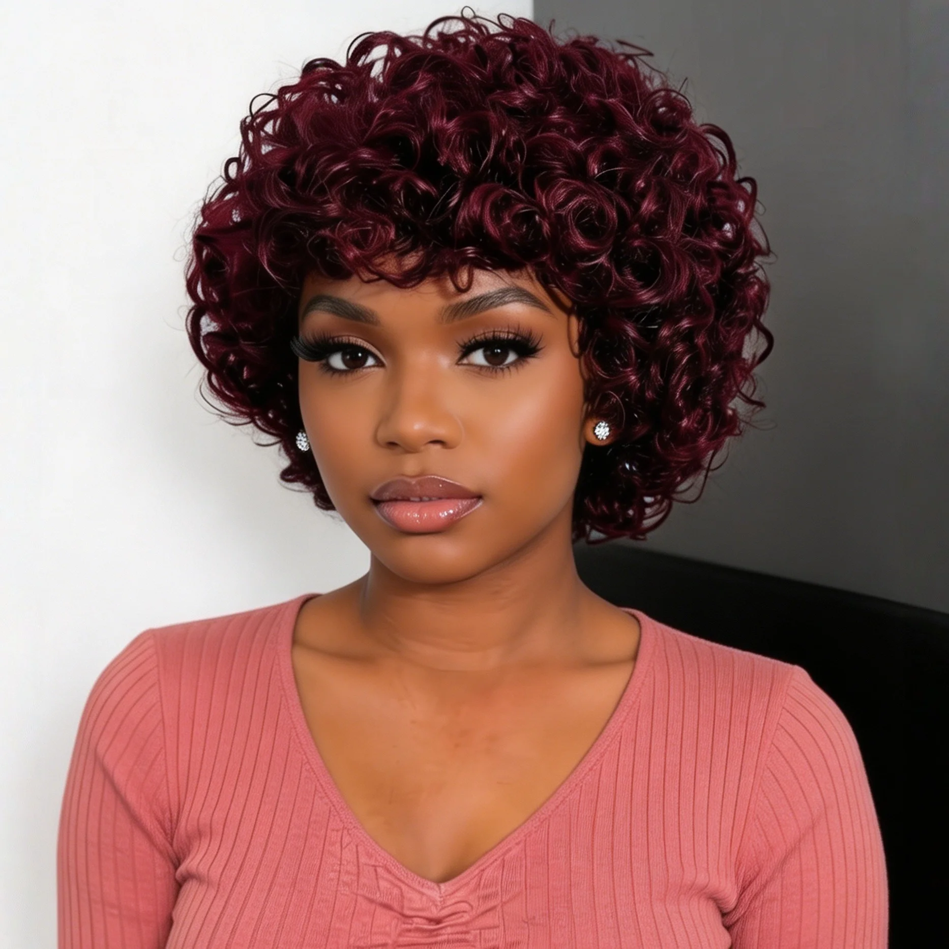 Short Curly Human Hair Wig with Bangs for Women Full Machine Made Easy to Style Hairpiece