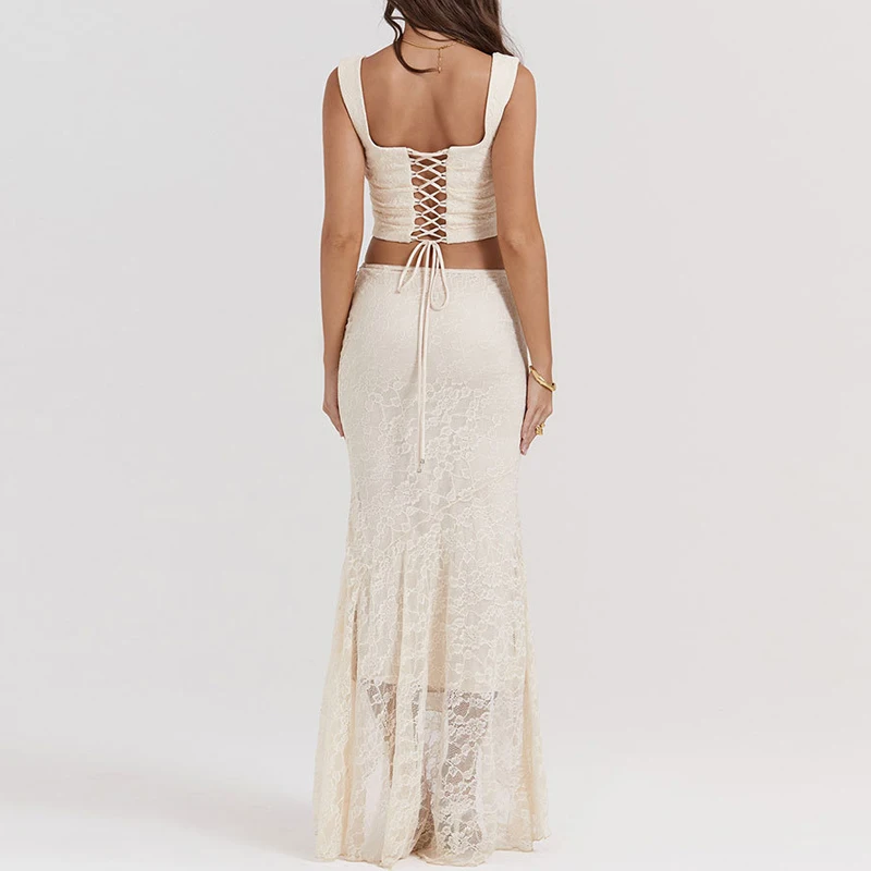 White Lace Two Piece set Women Elegant Party Outfits Lace Up Tank Top And Long Skirt Sets Backless Mermaid Maxi Dress Sets