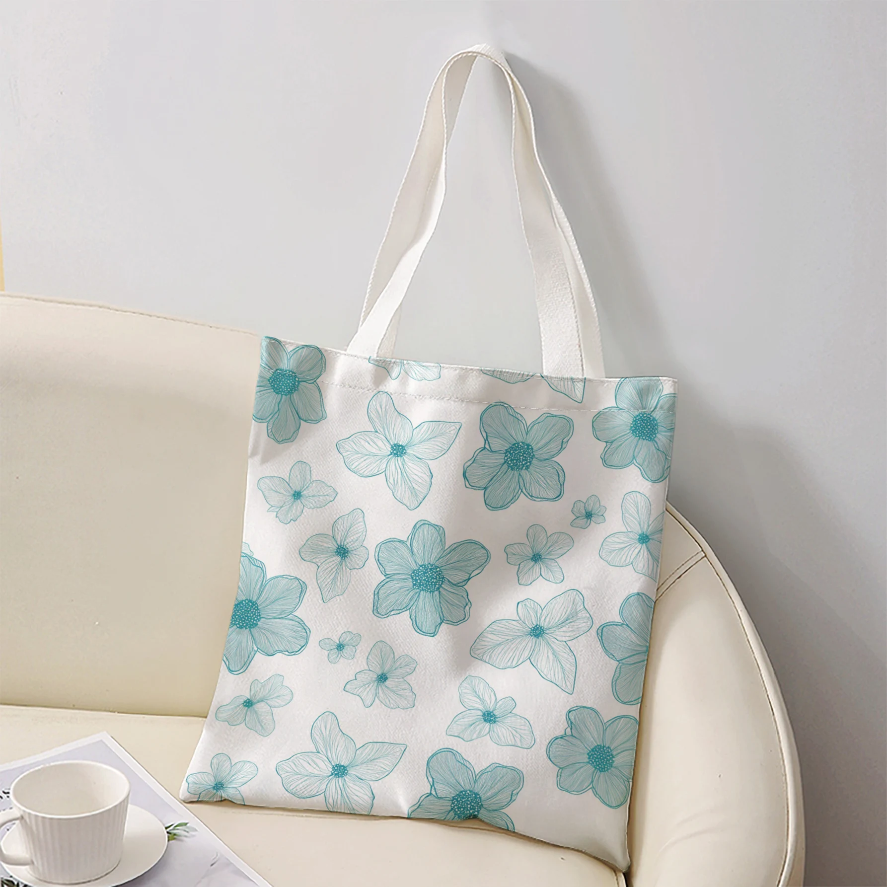 Light Blue Line Floral All Over Print Tote Bag Large Shoulder Handbag For Shopping Daily Commute
