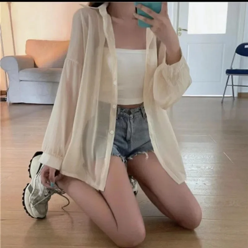 Summer Women Thin Shirts Loose Chiffon Long Sleeve Sun Protection Shirt Solid Korean Beach Holiday Ladies Tops