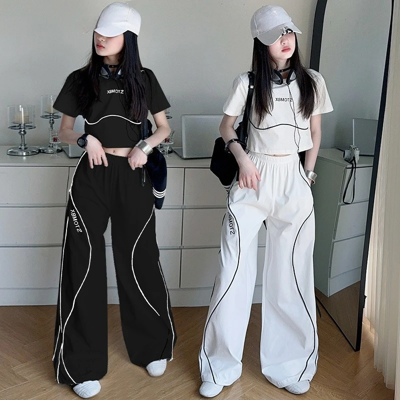 

teen girl Summer Set short t-shirt top+Wide Leg Pants 2pcs junior kid Casual Sports suit child Jazz hip-hop street dance outfits