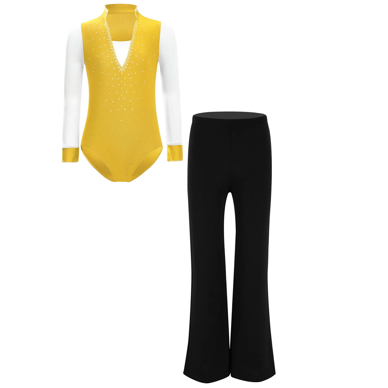 

Kids Boys Girls Figure Skating Costume Set Ballroom Jazz Latin Dancewear Sheer Mesh Long Sleeve Shiny Rhinestone Leotard+Pants
