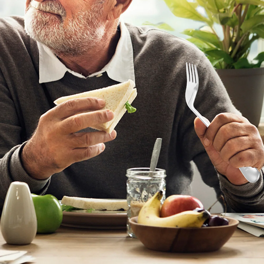 

2pcs Angled Forks For Elderly Stainless Steel Feeding Fork Ergonomic Curved Handle Easy Use Tableware Auxiliary Eating Tool