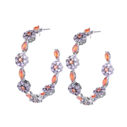 CWWZircons Elegant Purple Red Cubic Zirconia Stones Tiny Flower Shape Big Half Round Hoop Earrings for Women Jewelry Gifts E0664