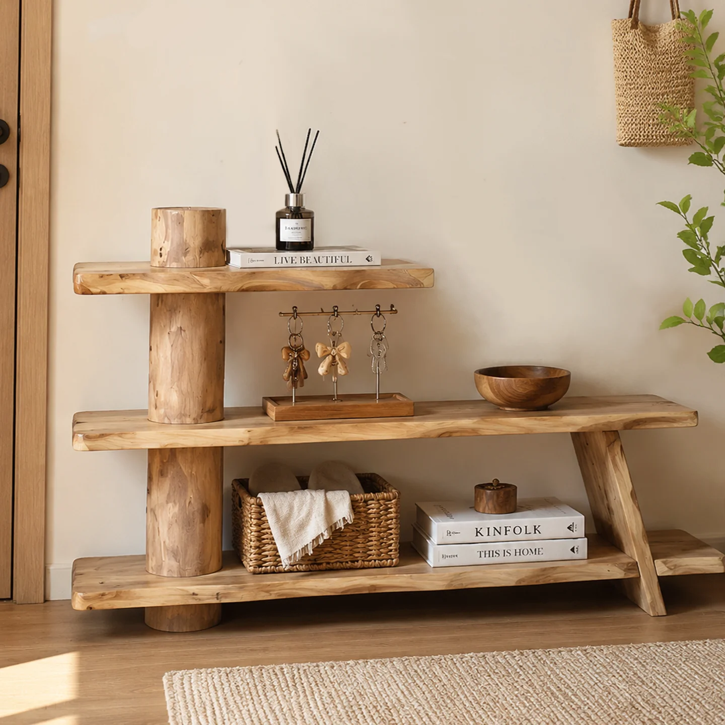 Nordic Japanese-style log multi-layer shelf, living room storage rack, solid wood display rack, light luxury wind wabi sandy win