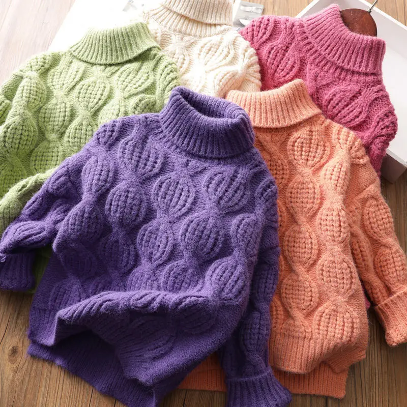 Baby Girl Winter High-Collar Sweater Thickened Lined Warm Lantern-Shaped Fashionable Clothes for Autumn And Winter 2-12 Years