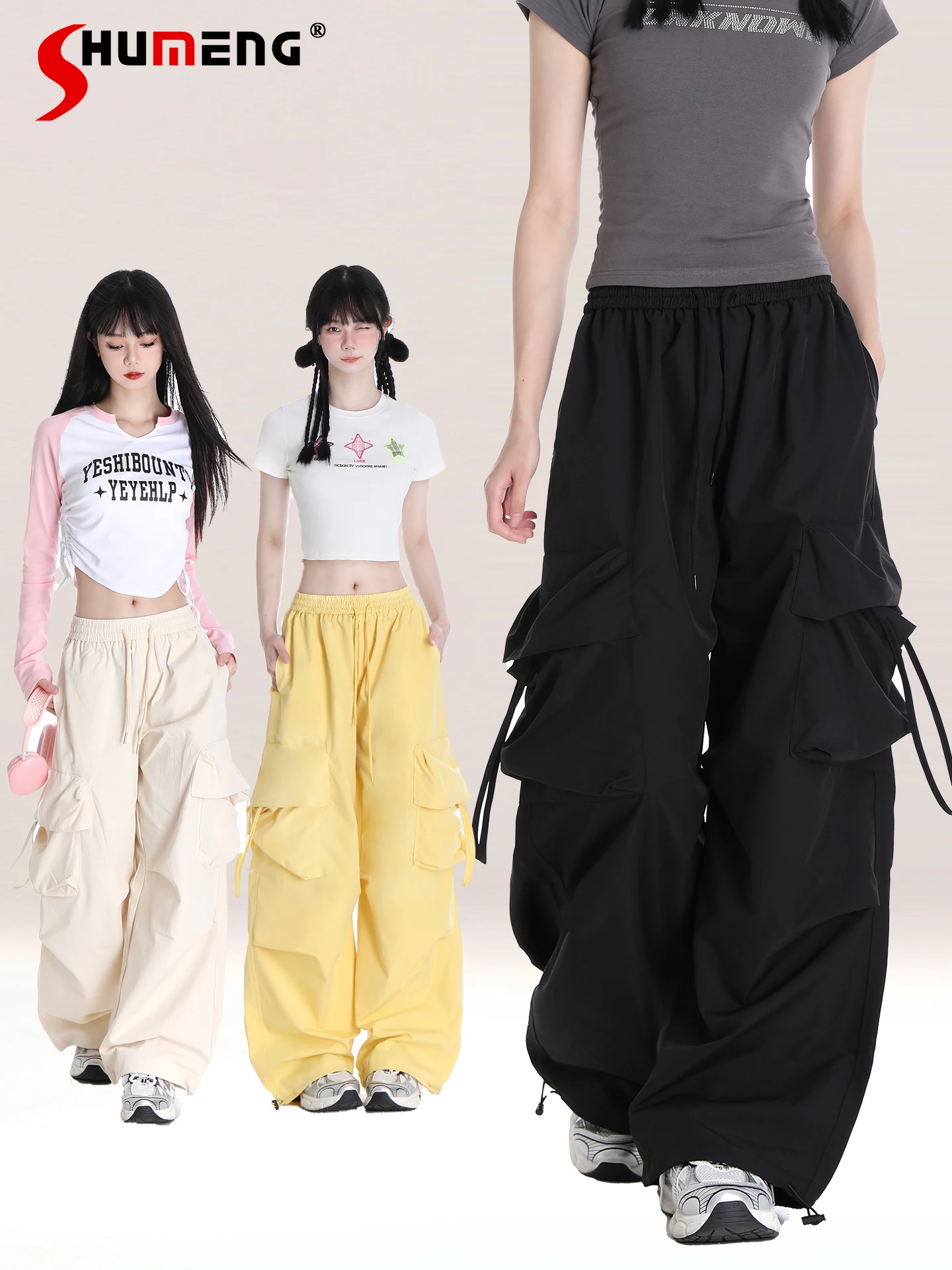 

American Retro Sweet Hot Girl Cargo Trousers Baggy Pants Elastic High Waist Straight Wide Leg Casual Long Pants Women Summer