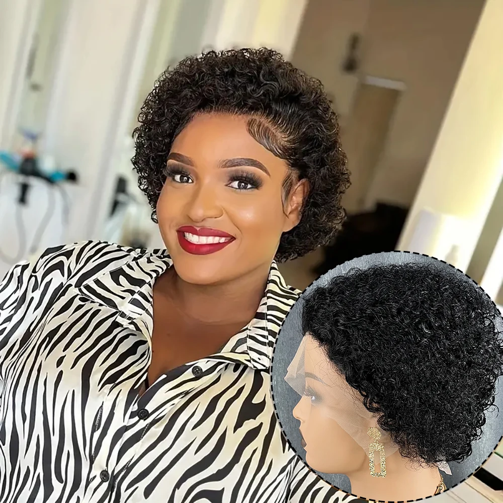픽시컷 가발 짧은 곱슬머리 13x1 레이스 프론트 인모 가발 (미리 뽑은 헤어라인 포함) 흑인 여성용 글루리스 브라질리언 헤어