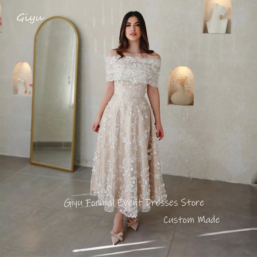 Giyu Elegant Lace 3D Flowers Evening Dresses Dubai Arabic Women Off Shoulder Ankle Length Formal Occasion Dress Prom Gowns