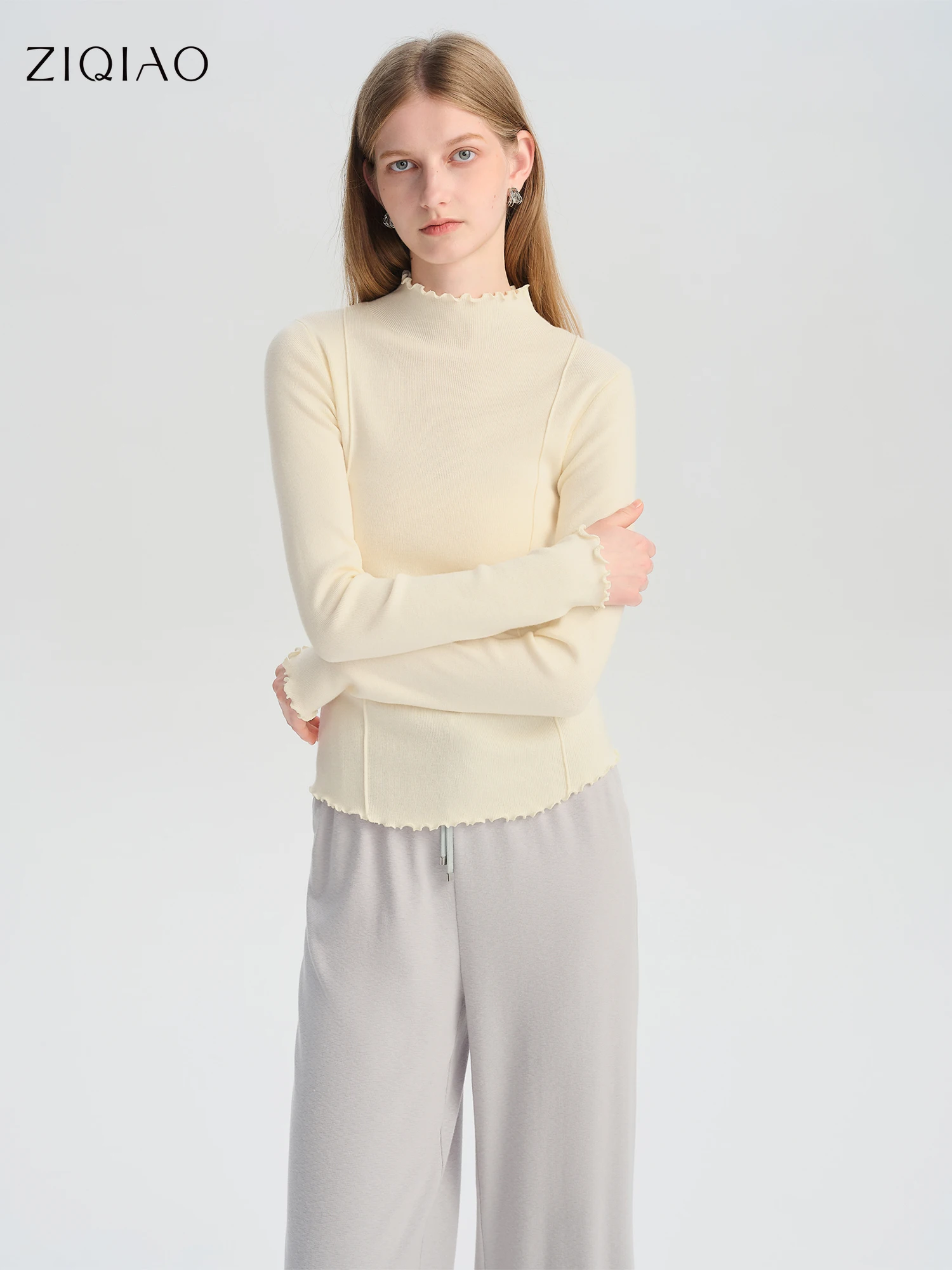 ZIQIAO Petite Women's Half-High Collar Embroidery Knit Sweater 2025 Autumn New Style Slim-Fit Slimming Base Layer Top 25ZQ93023