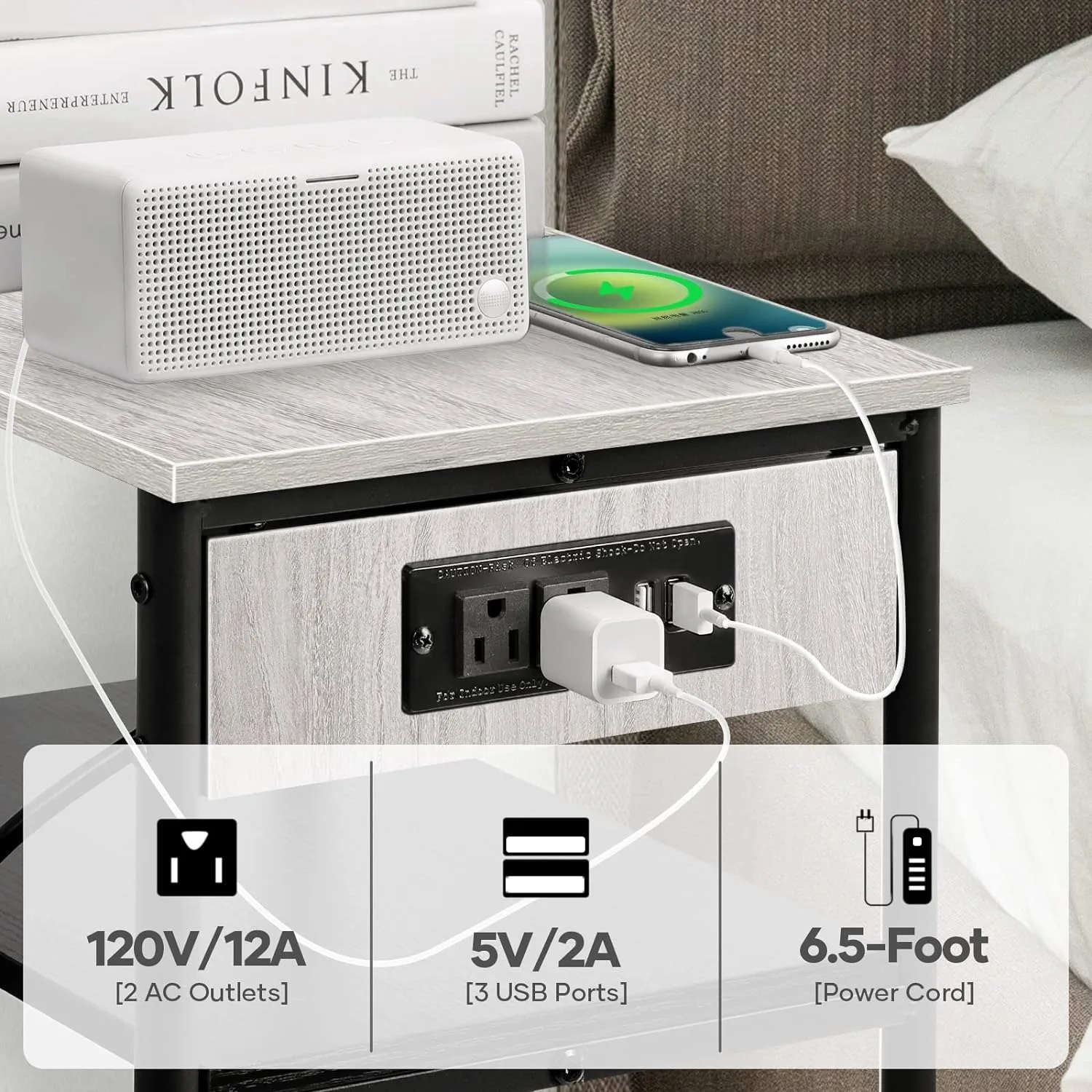 3-layer modern bedside table with charging station socket and USB port, suitable for side table bedrooms