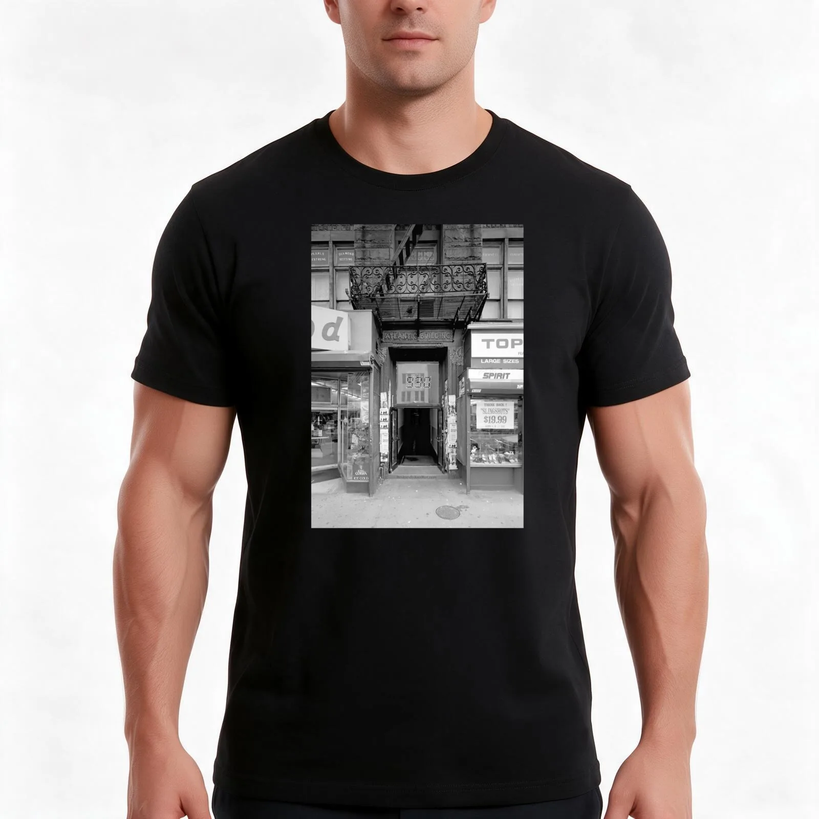 930 Club Atlantic Building Front Door T-Shirt, Summer Casual Cotton Tee, Oversized Streetwear Tops, Vintage Graphic Print